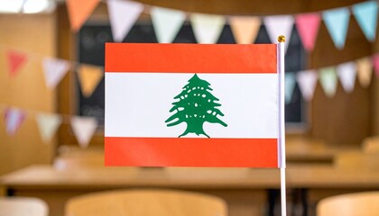 Lebanese flag displayed in a classroom setting, festive bunting visible in background.