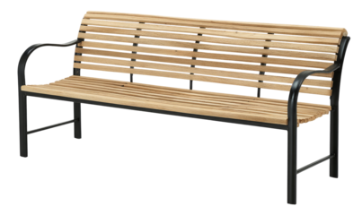 A light beige wooden park bench with a black metal frame.  The seat and back rest are constructed of horizontal slats.  Simple, sturdy design