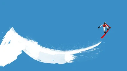 Fototapete Rund Extremsportarten Collage template of snowboarder mid-air on painted slope with vibrant blue sky. Concept of sports-themed prints, digital apps, extreme winter promo, and commercial products.  © Lustre Art Group 