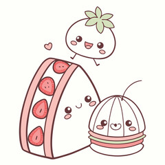 Kawaii dessert trio isolated on white background featuring cake, mochi, and jelly