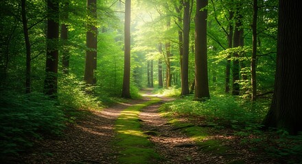 Obraz premium Sunlight streams through a lush woodland path.