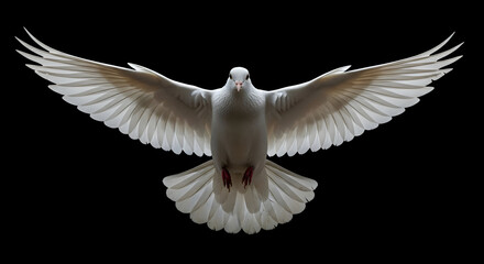 Obraz premium White Dove Flying with Spread Wings Against Black Background