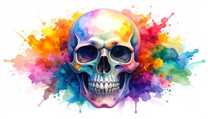 Watercolor skull art with vibrant color splashes