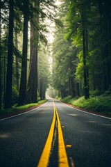 Obraz premium Straight Road Through Tall Green Forest with Yellow Line, Scenic Nature Drive, Tranquil Travel Path, Perspective Landscape View