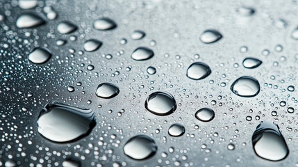 Close-up of water droplets on smooth surface showing surface tension and clarity in a minimal abstract composition with natural light and high detail texture
