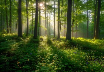 Fototapeta premium Sunlight streams through a lush forest floor.