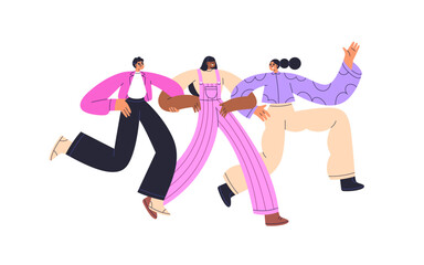 Happy female best friends walking together. Young joyful women, funny laughing girls. Friendship concept. Positive carefree excited girlfriends. Flat vector illustration isolated on white background