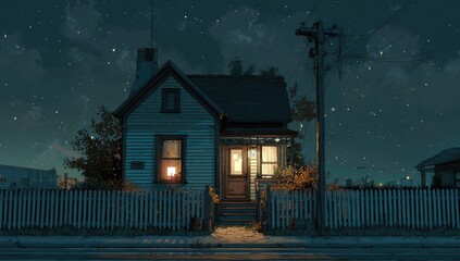 Small, cozy house at night under a starry sky