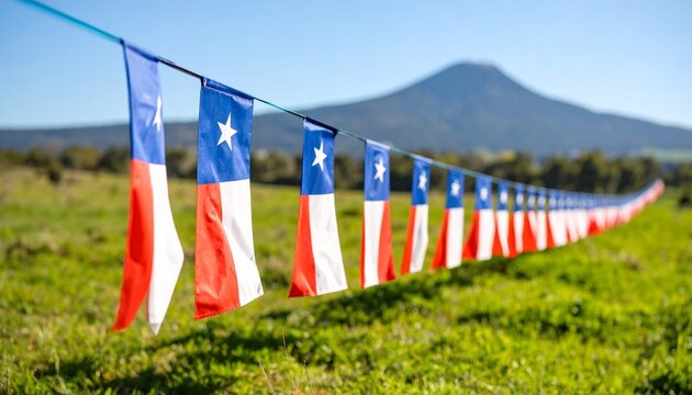 A long line of small Chilean flags hangs on a string across a green field with a mountain in the background.