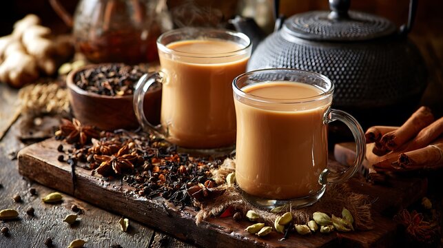 Indian masala chai served in glass cups with kettle spices and loose tea leaves on wooden surface - Powered by Adobe