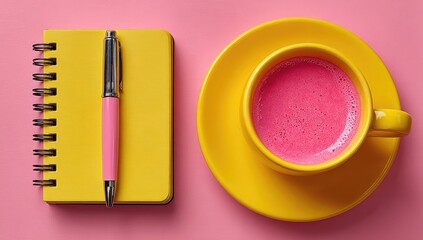 Pink drink, yellow notepad, pen