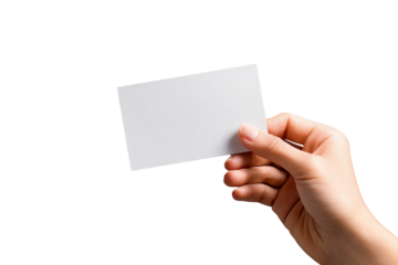 A hand holds a blank white card