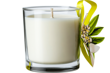 Scented candle with floral accent in clear glass container