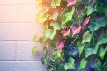 Ivy plant with vibrant green and reddish leaves climbing a light brick wall, bathed in sunlight.