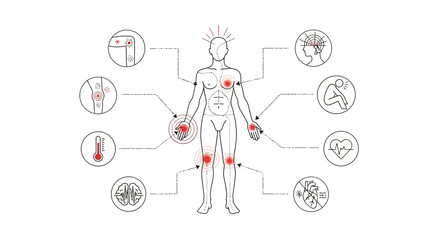 Diagram of a human body with various pain points highlighted.