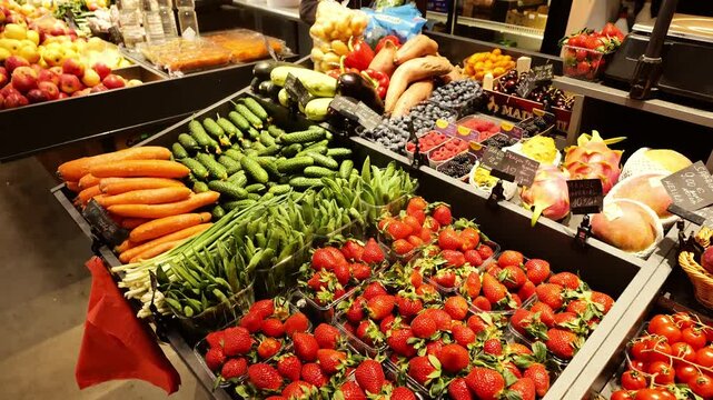 Vibrant fruits and vegetables at local summer market in Latvia under warm light