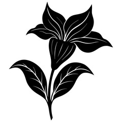 Obraz premium Elegant black silhouette of a stylized lily flower with leaves and stem, isolated on a white background