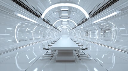 Obraz premium Futuristic Conference Room with Long Table and Illuminated Tunnel Design