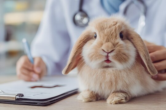 Close-up of a rabbit on a scale during a vet checkup, digital screen showing weight, a veterinary hand writing down numbers on a clipboard, clean clinical setting