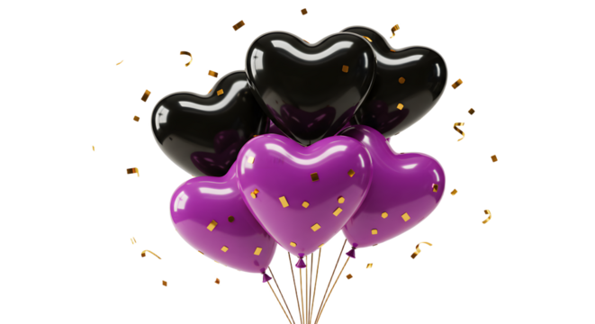 Black and purple heart-shaped balloons with gold confetti, festive decoration for parties and celebrations - Powered by Adobe