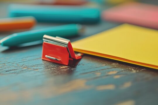 A red binder clip rests on a wooden surface, near colorful pens and paper.