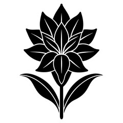 Black silhouette of a lotus flower with leaves isolated on a white background, elegant floral design element