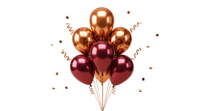 Cluster of shiny rose gold and burgundy balloons with confetti, perfect for elegant celebrations and parties