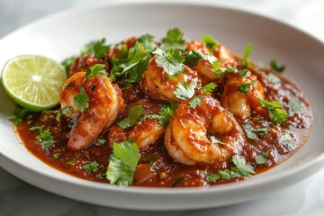 Spicy shrimp in a rich tomato-based sauce, garnished with cilantro and lime.