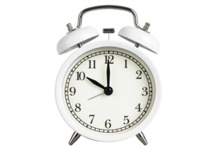 Front View of 3D Classic Alarm Clock with Twin Bells and Drop Shadow, Isolated on Transparent Background