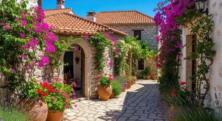 Naklejka premium Mediterranean Village Stone Path Summer Sun