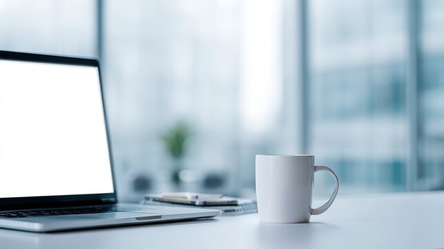 Laptop displaying web design template on minimalist desk, blurred modern office with natural light background, serene remote work concept.