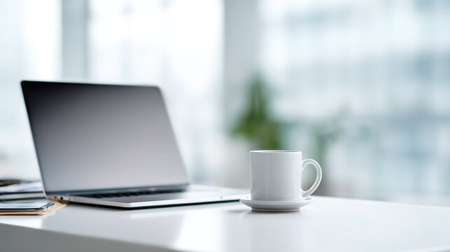 Laptop displaying web design template on minimalist desk, blurred modern office with natural light background, serene remote work concept.
