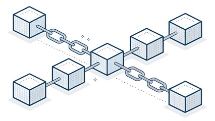 Abstract isometric illustration of a blockchain network with connected cubes and chains