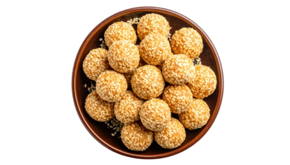 Close up of Sesame Balls on Plate Isolated on Transparent Background Top View
