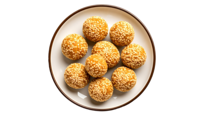 Appetizer Sesame Balls on Plate Isolated on Transparent Background Top View