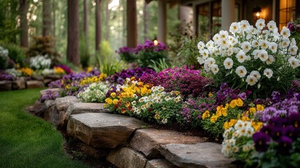 Colorful Flowerbeds Stone Wall 