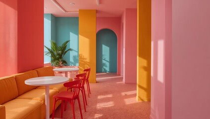 Vibrant pink and orange cafe interior with modern seating