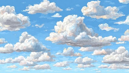 Fluffy clouds painted across a vast blue sky