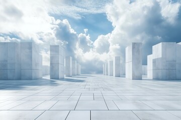 Fototapeta premium Geometric urban dreamscape with monolithic structures under a sky of billowing clouds, evoking futuristic yet serene architectural vision