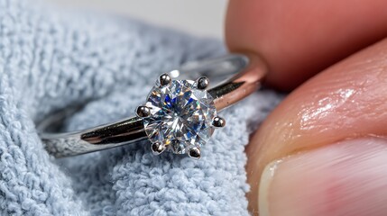 Jeweler carefully cleaning diamond ring using soft microfiber cloth in closeup shot highlighting professional jewelry care
