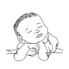 Minimalist line art of a newborn baby peacefully sleeping with hands under the chin. Perfect for baby logos and nursery prints.
