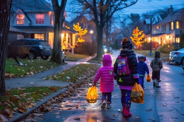 Four young children enjoying festive halloween evening, trick or treating on residential neighborhood sidewalk with warm glowing lights