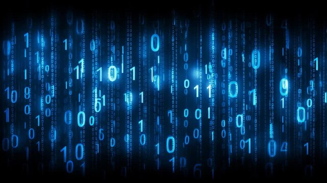 Binary code background with glowing blue digits and tech matrix effect