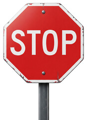 Red octagonal stop sign with white lettering isolated on transparent background