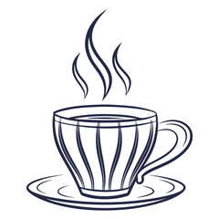 Steaming cup of coffee on saucer with striped design isolated on white background