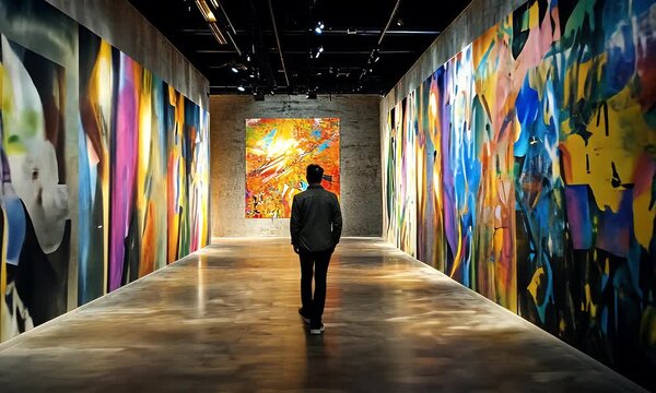 Man Walking Through Modern Art Gallery with Vibrant Colorful Paintings