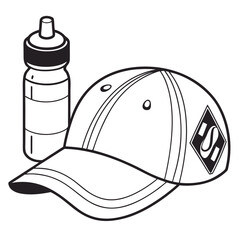 Stylized black and white illustration of a baseball cap and a water bottle