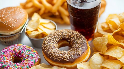 Junk food items like chips donuts fried snacks burgers and soda displayed on white surface with indoor soft light