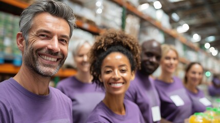 Hunger Action Month. Banner image showing a group of diverse volunteers in matching shirts organizing food donations, smiling, teamwork, warehouse background