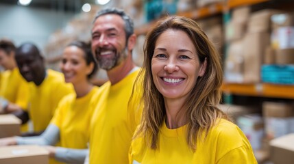 Hunger Action Month. Banner image showing a group of diverse volunteers in matching shirts organizing food donations, smiling, teamwork, warehouse background